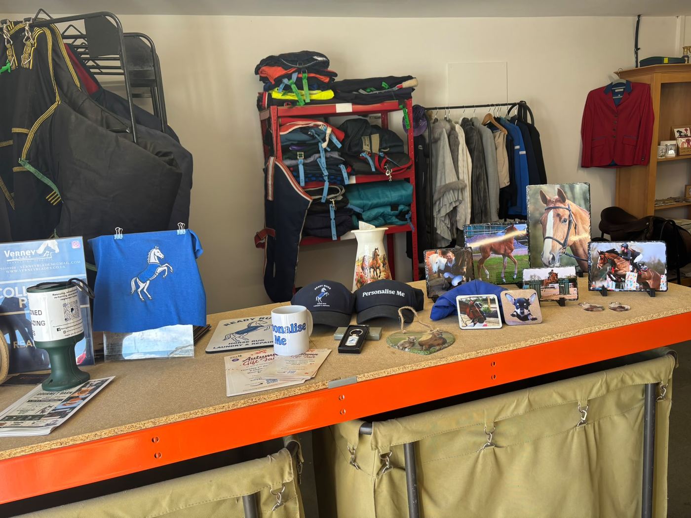 Shop counter with personalised gifts, bags and equestrian kit